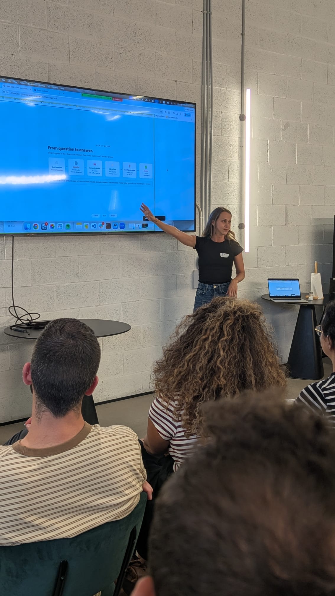 Stav Grinboim pointing at a slide breaking down how a question becomes an answer
